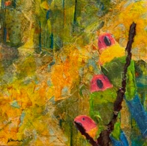Odd Man Out, mixed media, Arizona lovebird