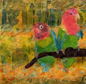 Was it something I said?, mixed media, Arizona lovebirds