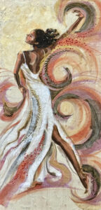 VORTEX Acrylic mixed media with tissue paper glass beads on  vintage wallpaper 24X12 inches on canvas panel $775 Tedeschi Cuoco