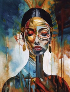 “Sacred Solace by Alexander Kovacs, symbolic figurative oil portrait with fractured color patterns.”