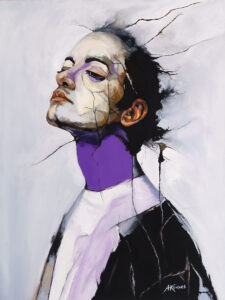 "Violaceous Rebellion by Alexander Kovacs. Figurative oil portrait with factured violet elements"